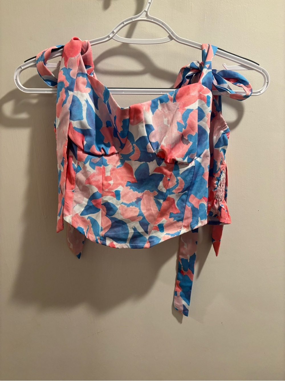 Women’s Pink & Blue Printed Tie-Shoulder Crop Top